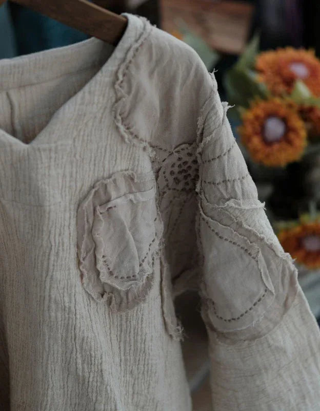 Loose Casual Floral Embroidered Linen Blouse - Islinen