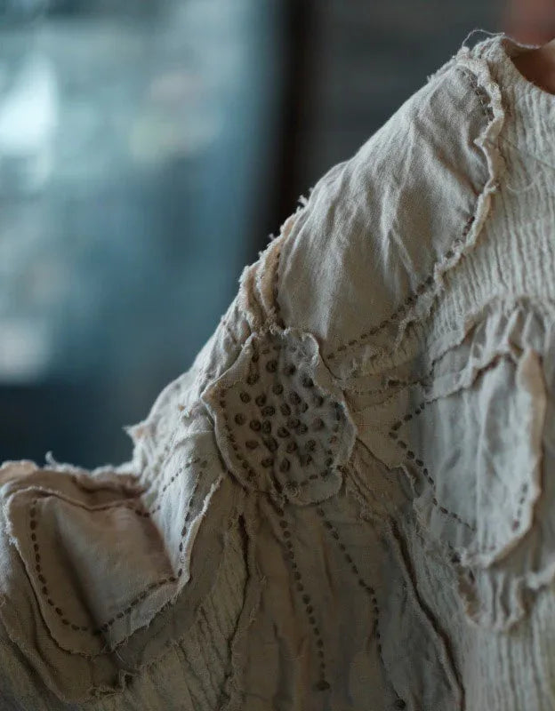 Loose Casual Floral Embroidered Linen Blouse - Islinen