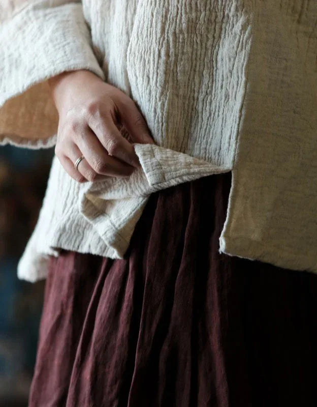 Loose Casual Floral Embroidered Linen Blouse - Islinen