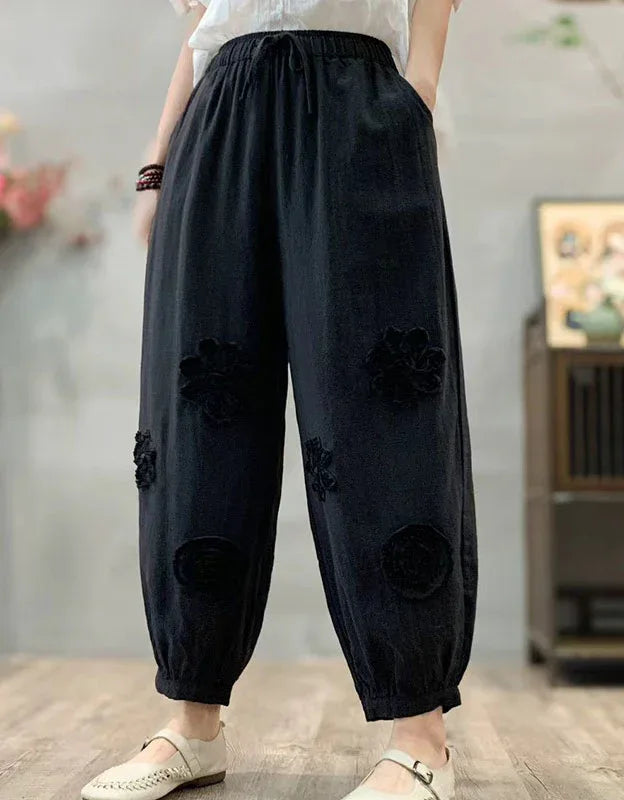 Loose Casual Floral Embroidered Linen Harem Pants - Islinen