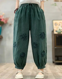 Loose Casual Floral Embroidered Linen Harem Pants - Islinen