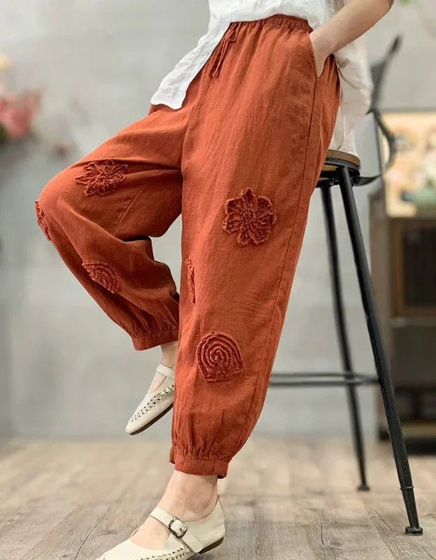 Loose Casual Floral Embroidered Linen Harem Pants - Islinen