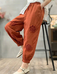 Loose Casual Floral Embroidered Linen Harem Pants - Islinen