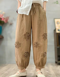 Loose Casual Floral Embroidered Linen Harem Pants - Islinen