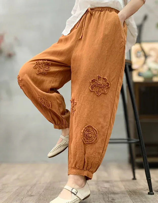 Loose Casual Floral Embroidered Linen Harem Pants - Islinen