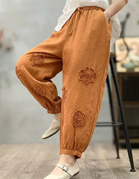 Loose Casual Floral Embroidered Linen Harem Pants - Islinen