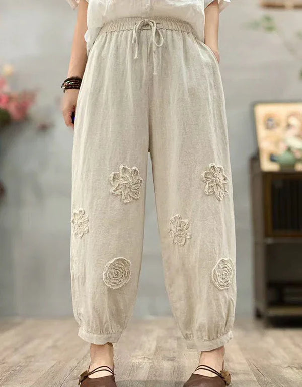 Loose Casual Floral Embroidered Linen Harem Pants - Islinen