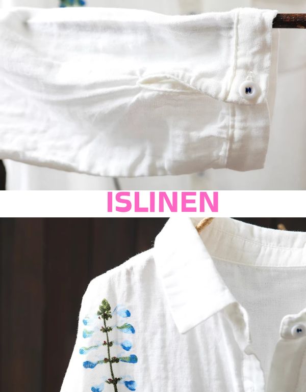Floral embroidered white shirt women blue detail close-up