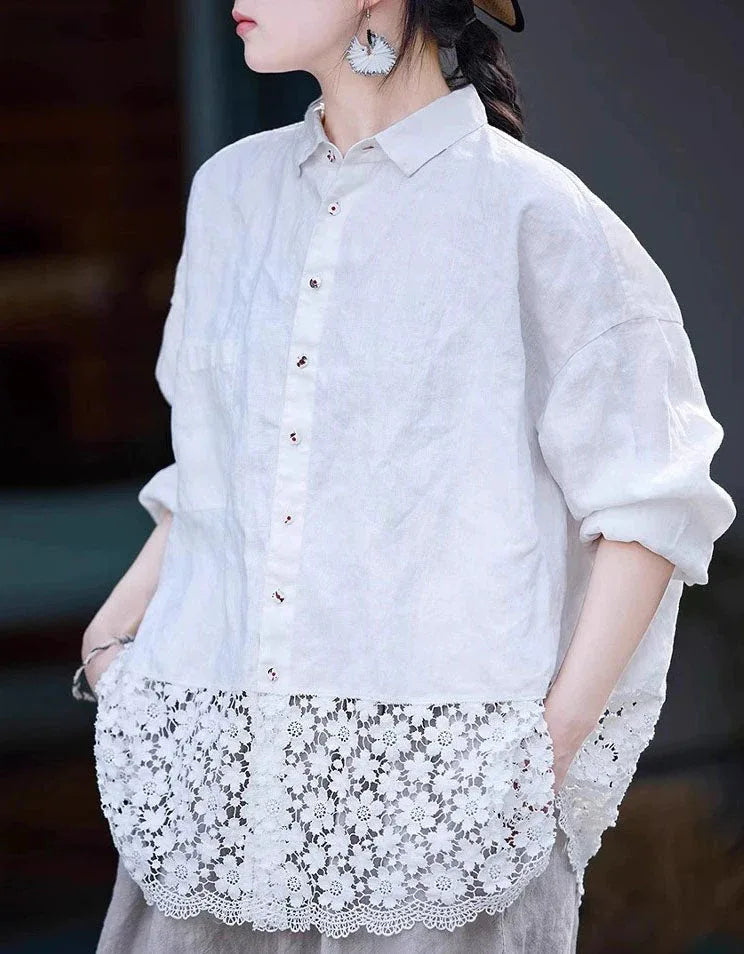 Loose Casual Floral Lace Hem Linen Shirt - Islinen