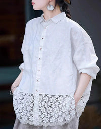 Loose Casual Floral Lace Hem Linen Shirt - Islinen