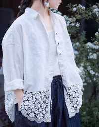 Loose Casual Floral Lace Hem Linen Shirt - Islinen