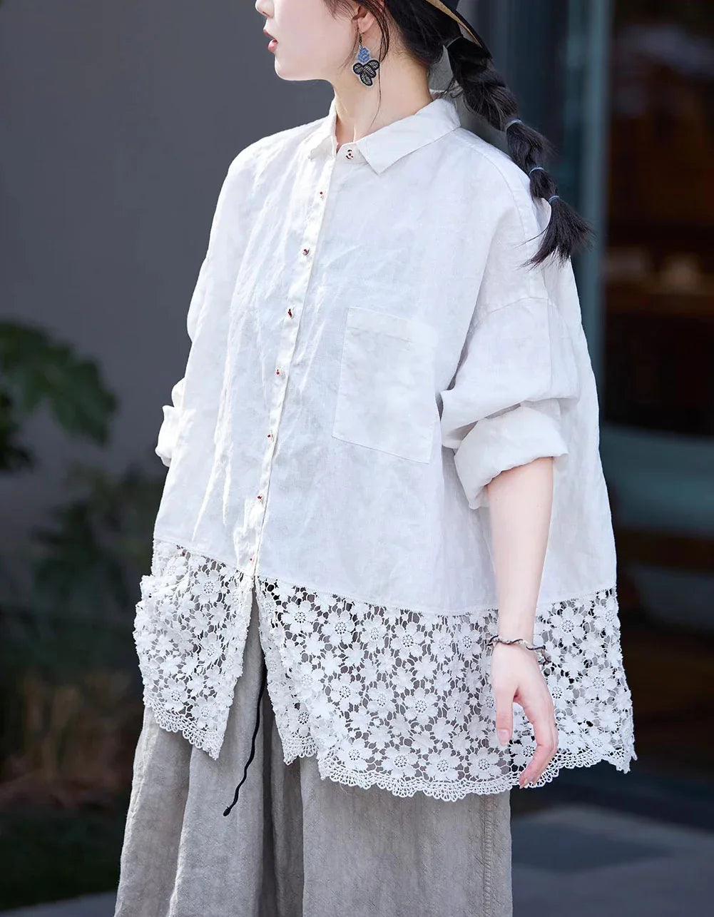 Loose Casual Floral Lace Hem Linen Shirt - Islinen