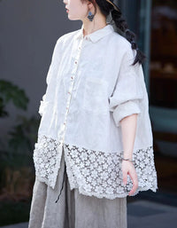 Loose Casual Floral Lace Hem Linen Shirt - Islinen