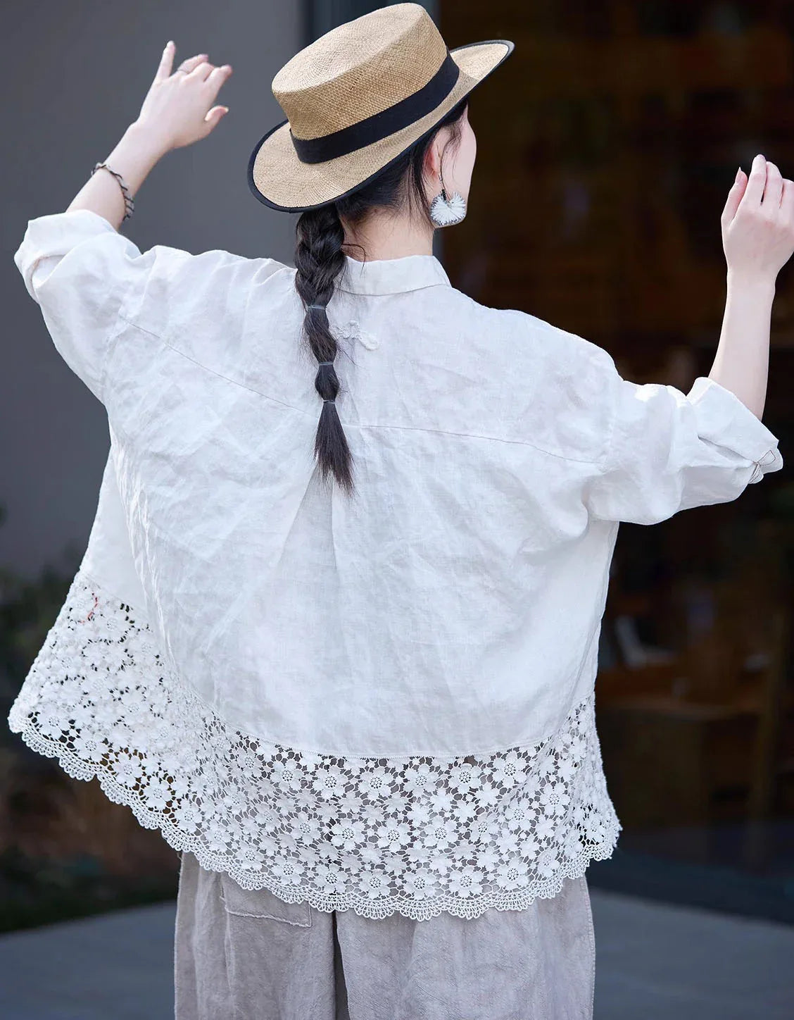 Loose Casual Floral Lace Hem Linen Shirt - Islinen