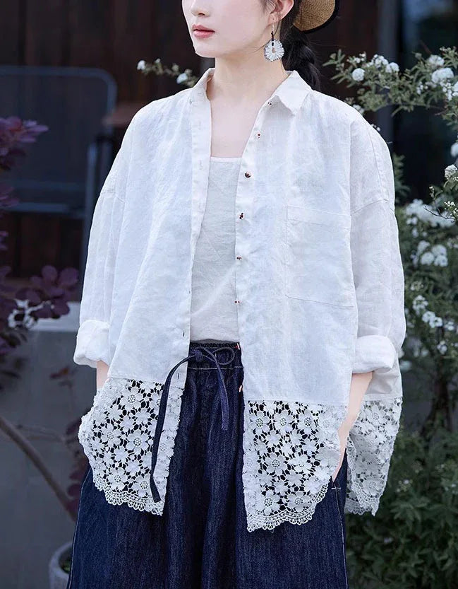Loose Casual Floral Lace Hem Linen Shirt - Islinen