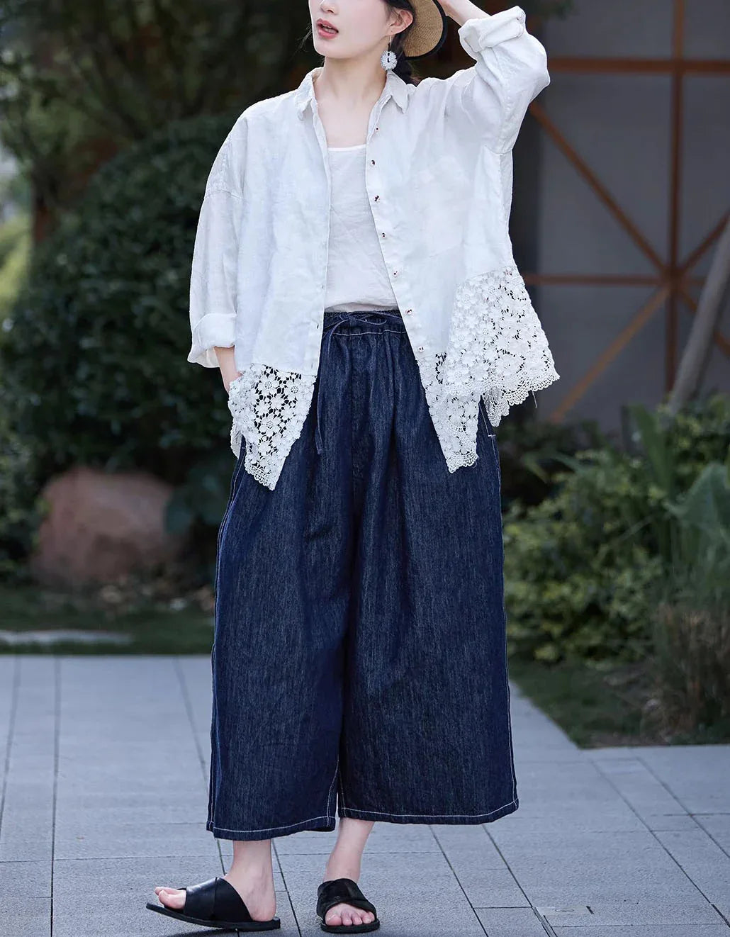 Loose Casual Floral Lace Hem Linen Shirt - Islinen