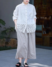 Loose Casual Floral Lace Hem Linen Shirt - Islinen