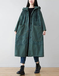 Loose Casual Floral Long Hooded Jacket - Islinen