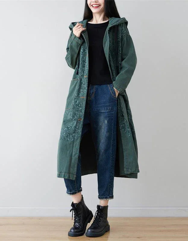 Loose Casual Floral Long Hooded Jacket - Islinen