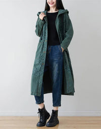 Loose Casual Floral Long Hooded Jacket - Islinen