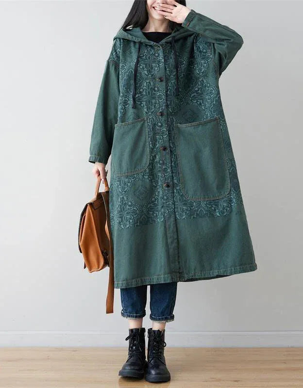 Loose Casual Floral Long Hooded Jacket - Islinen