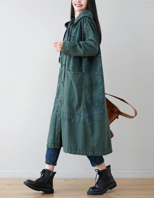 Loose Casual Floral Long Hooded Jacket - Islinen