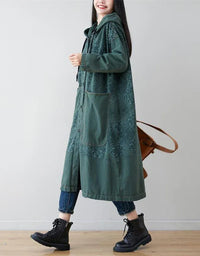 Loose Casual Floral Long Hooded Jacket - Islinen