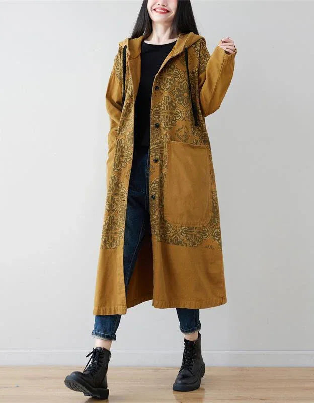 Loose Casual Floral Long Hooded Jacket - Islinen