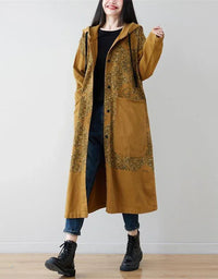 Loose Casual Floral Long Hooded Jacket - Islinen