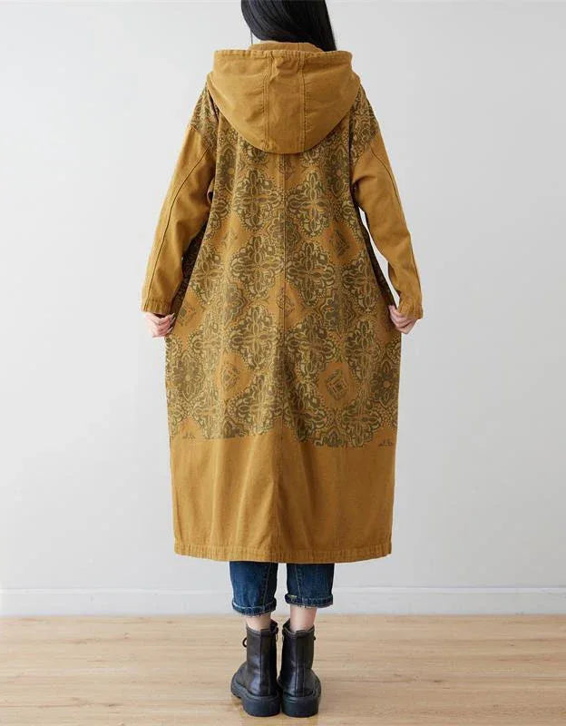 Loose Casual Floral Long Hooded Jacket - Islinen