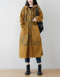 Loose Casual Floral Long Hooded Jacket - Islinen