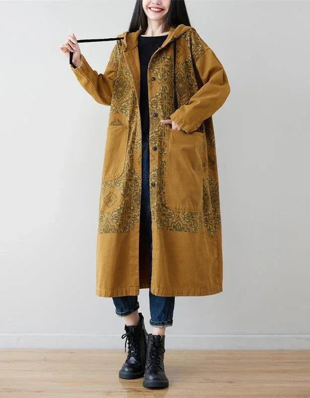 Loose Casual Floral Long Hooded Jacket - Islinen