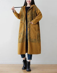 Loose Casual Floral Long Hooded Jacket - Islinen