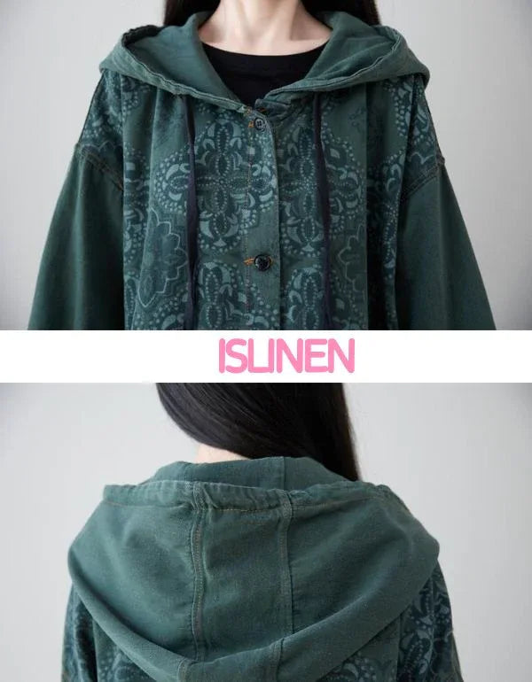 Loose Casual Floral Long Hooded Jacket - Islinen
