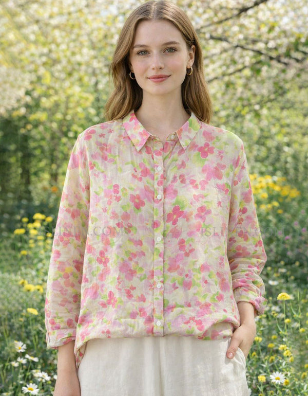 Women’s floral print cotton button-up blouse