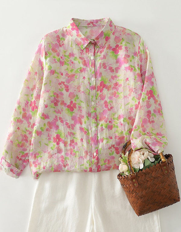 Front view of floral long sleeve blouse for women
