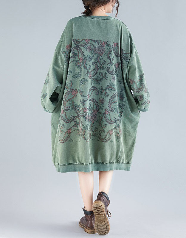 Back View of Green Relaxed Fit Boho Style Tunic Dress for Women