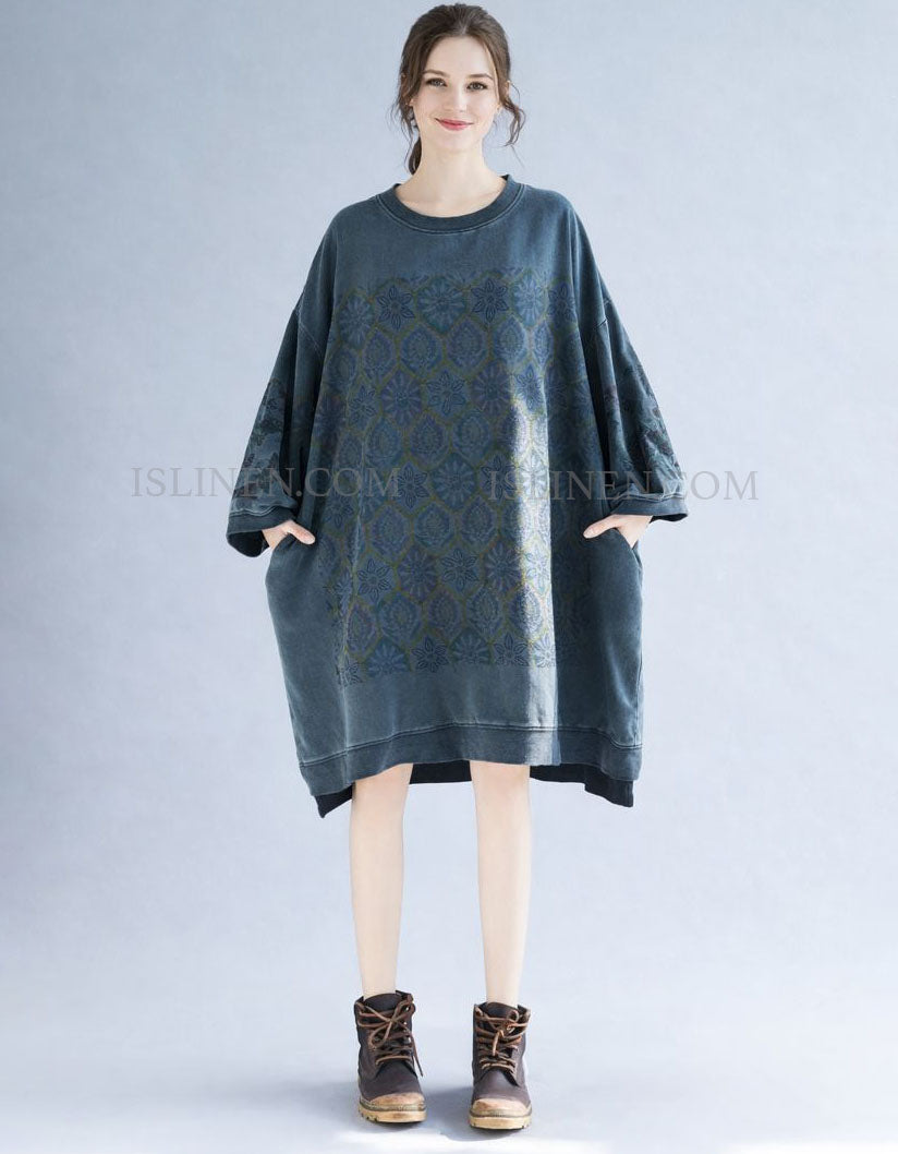 Gray Floral Print Long Sleeve Tunic Dress – Front View