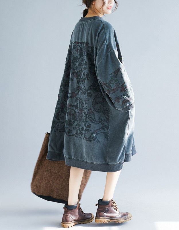 Back View of Gray Relaxed Fit Boho Style Tunic Dress for Women