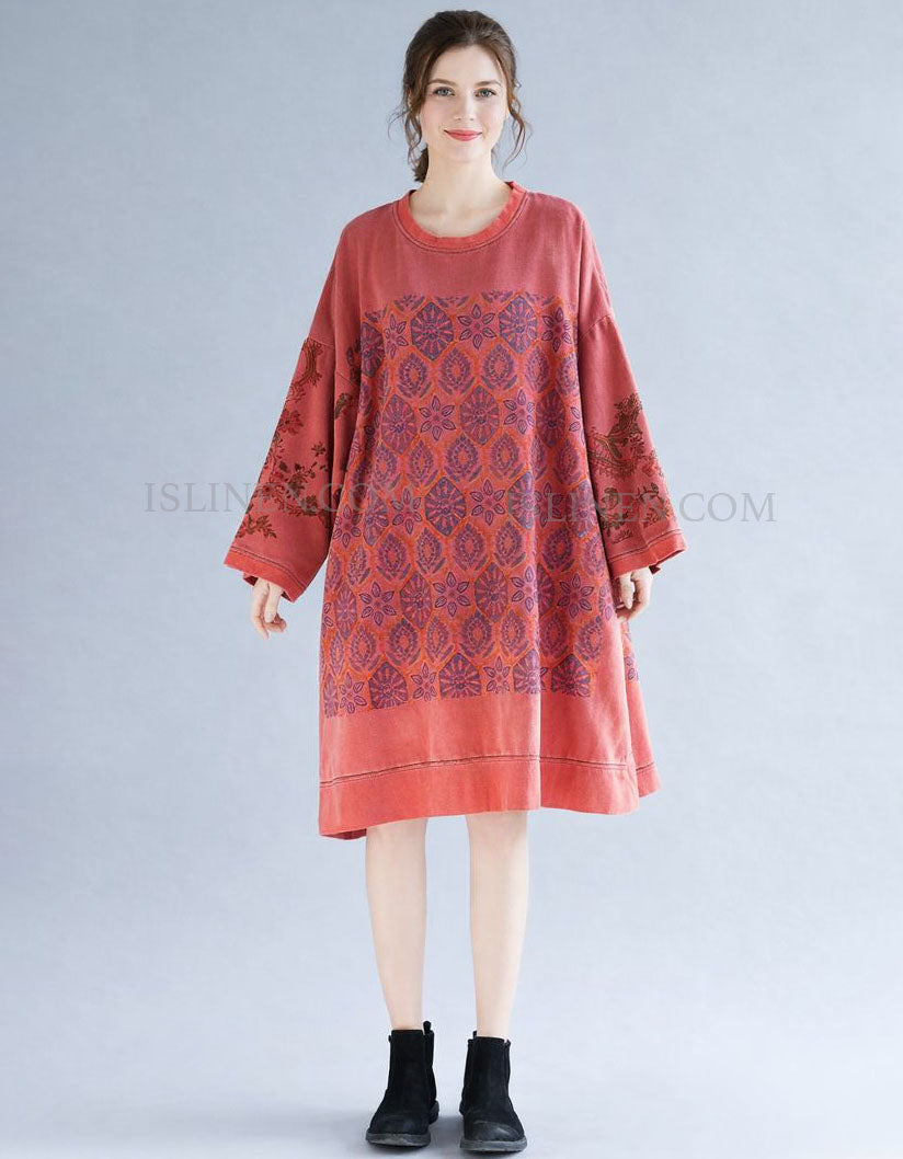 Pink Floral Print Long Sleeve Tunic Dress – Front View