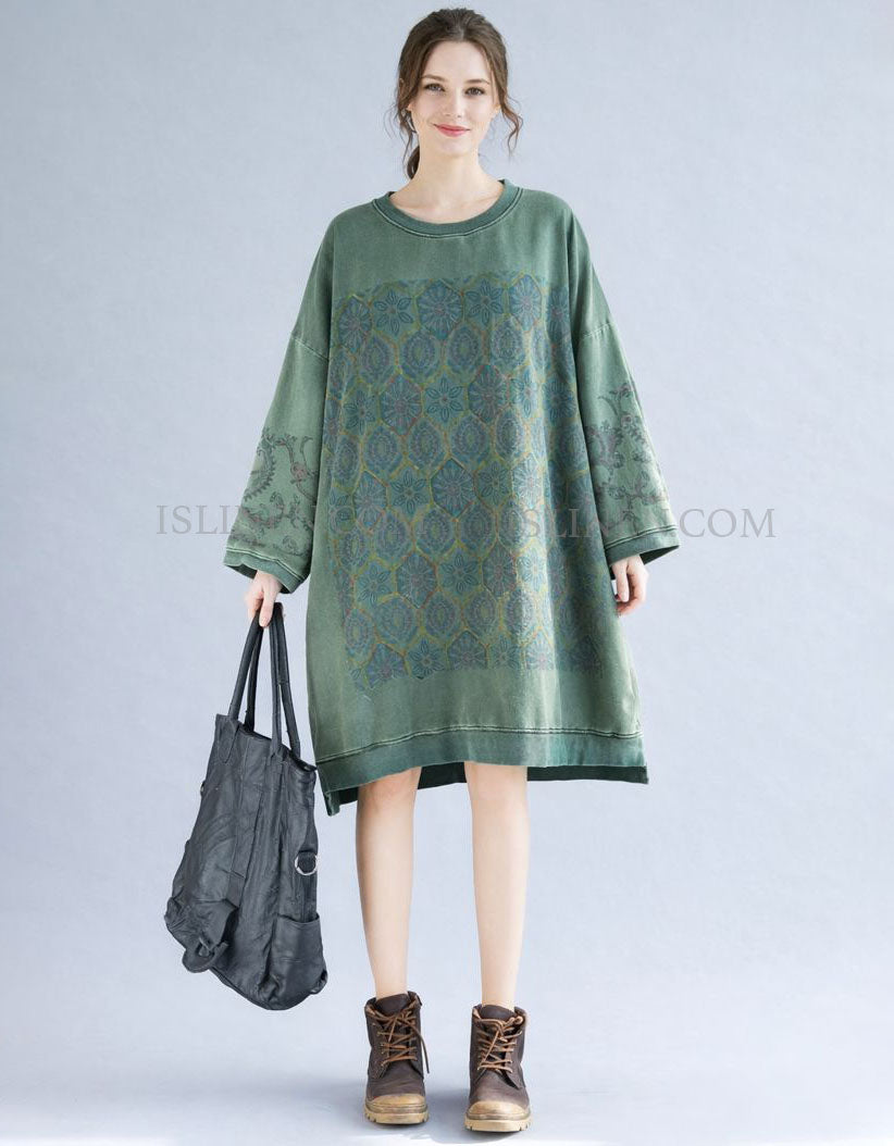 Green Floral Print Long Sleeve Tunic Dress – Front View