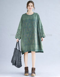 Green Floral Print Long Sleeve Tunic Dress – Front View