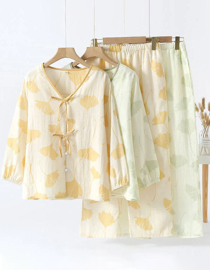 Loose Casual Ginkgo Leaf Pure Cotton Loungewear Set