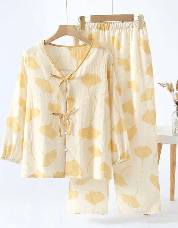 Loose Casual Ginkgo Leaf Pure Cotton Loungewear Set