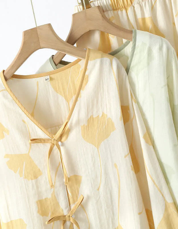 Loose Casual Ginkgo Leaf Pure Cotton Loungewear Set