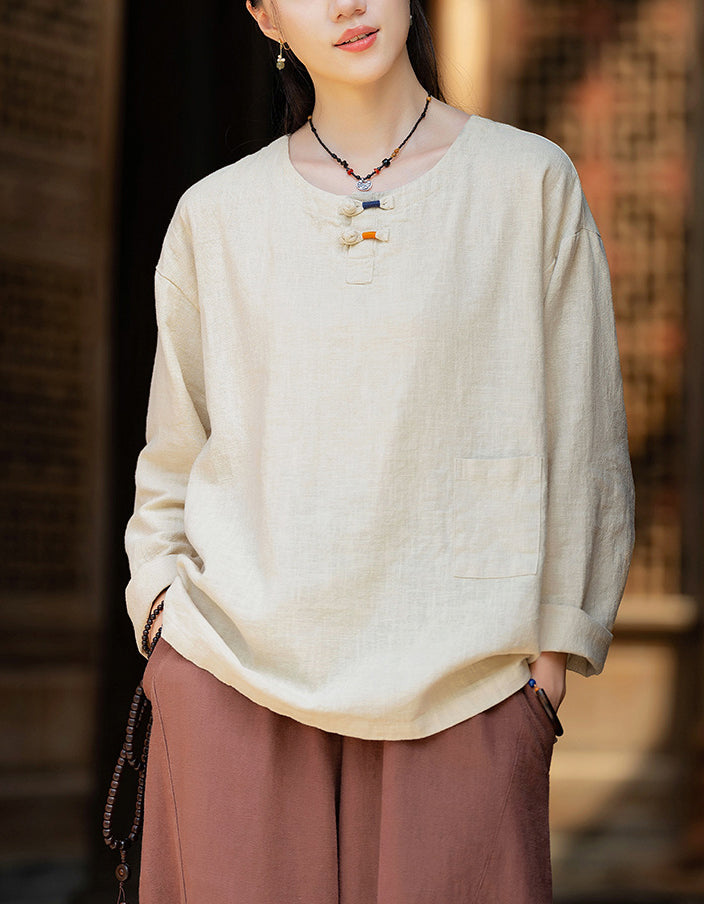 Casual Natural Long Sleeve Ramie Linen Blouse