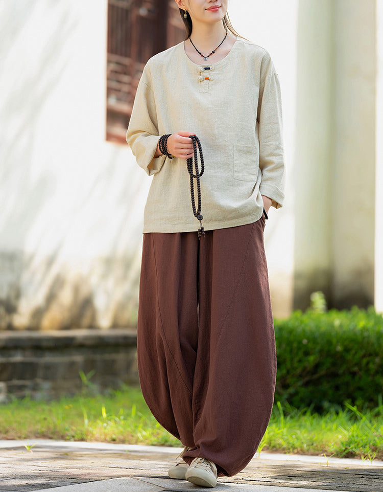 Casual Natural Long Sleeve Ramie Linen Blouse