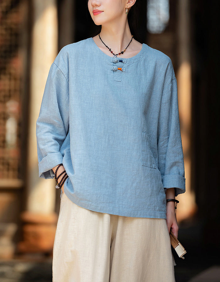 Casual Natural Long Sleeve Ramie Linen Blouse