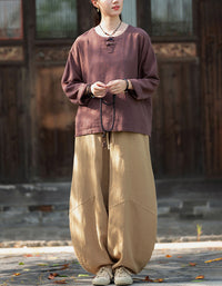 Casual Natural Long Sleeve Ramie Linen Blouse