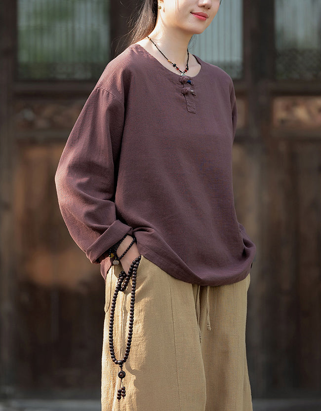 Casual Natural Long Sleeve Ramie Linen Blouse